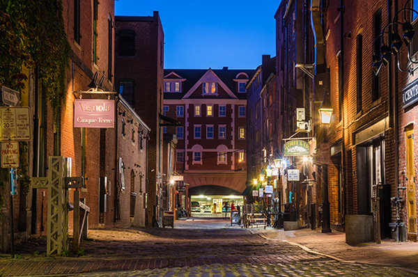 Night View of a Cobbled Street in Portland, ME