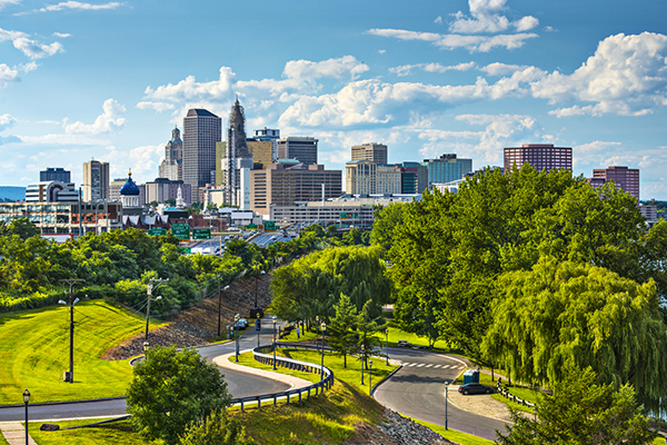 Skyline of Hartford Connecticut on a beautiful sunny day